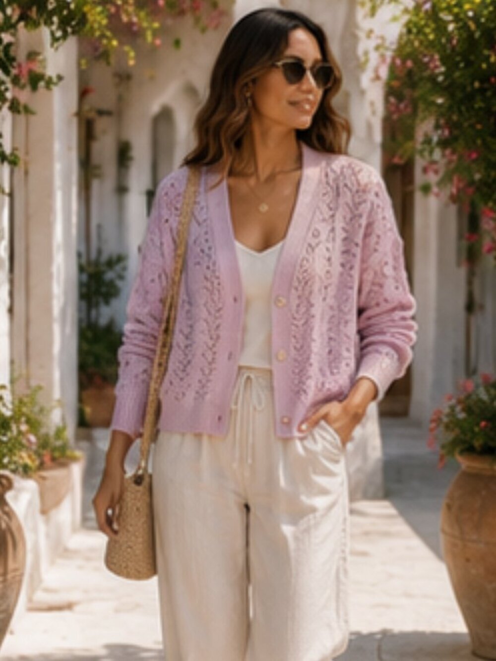 Loft Pink Cropped Pointelle Knit Cardigan Sweater Size Large 54494 - Picture 2 of 15